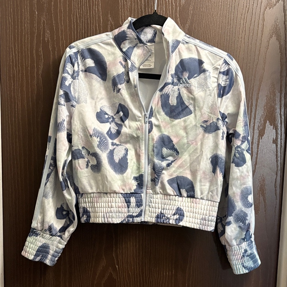 Adidas Women's White and Blue Patterned Bomber Jacket